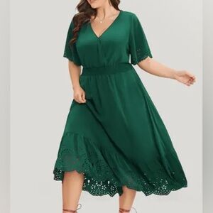 BloomChic Laser Cut Shirred Pocket Wrap Scalloped Trim Flutter Dress - 14/16/1X